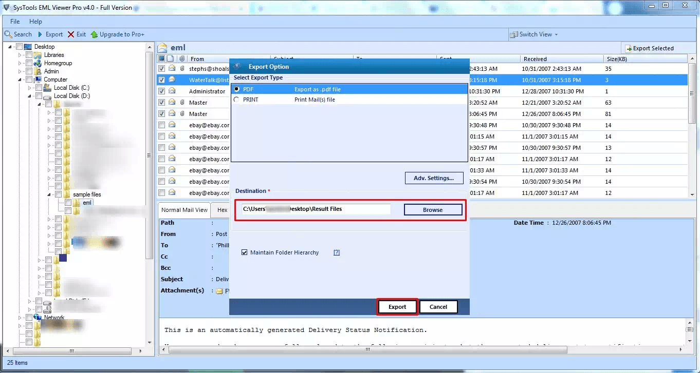 Print EML Files to PDF 4.0 full