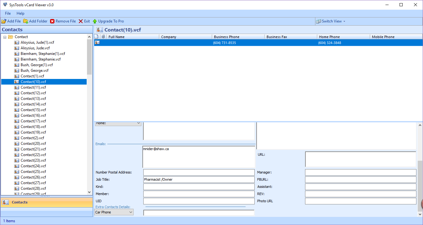 View contacts in VCF file screenshot